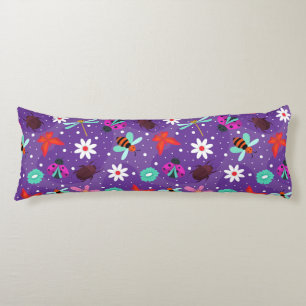 Colourful Insects and Flowers on a Purple Backgrou Body Pillow