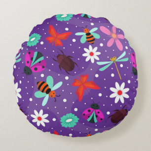 Colourful Insects and Flowers on a Purple Backgrou Round Pillow