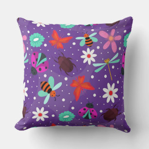 Colourful Insects Flowers Purple Room Throw Pillow