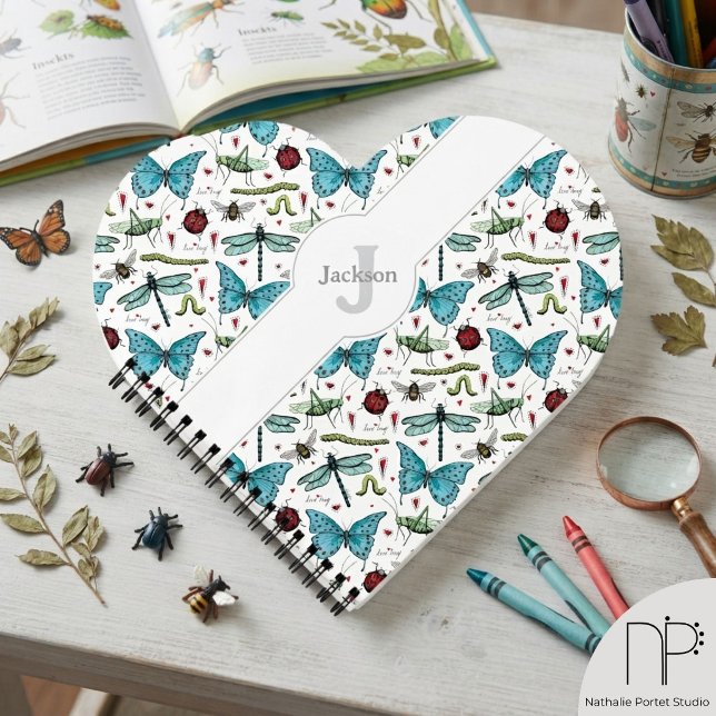Colourful Insects Heart Shaped Notebook (Colorful insects heart shaped notebook featuring hand-drawn chic noir fine line ink art.)