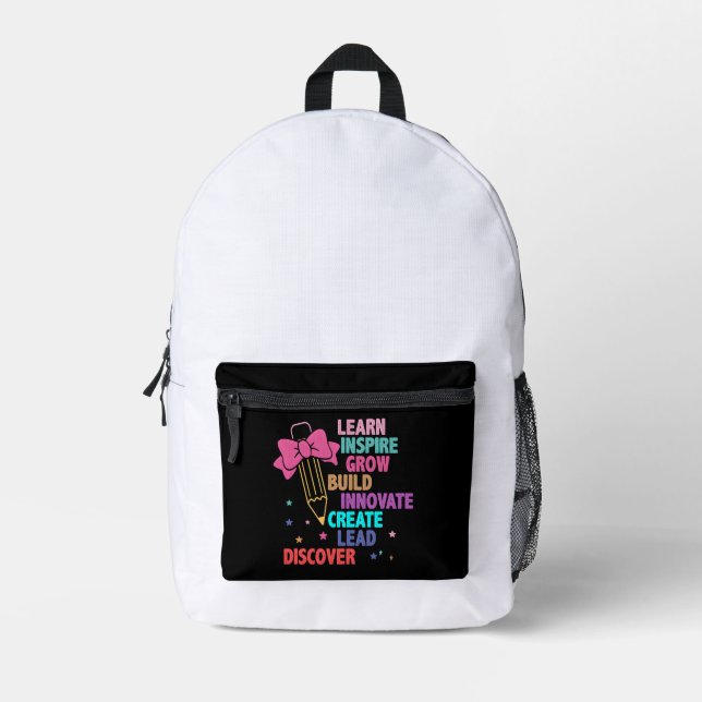 Colourful Inspirational Words Teacher Pencil & Bow Printed Backpack (Front)