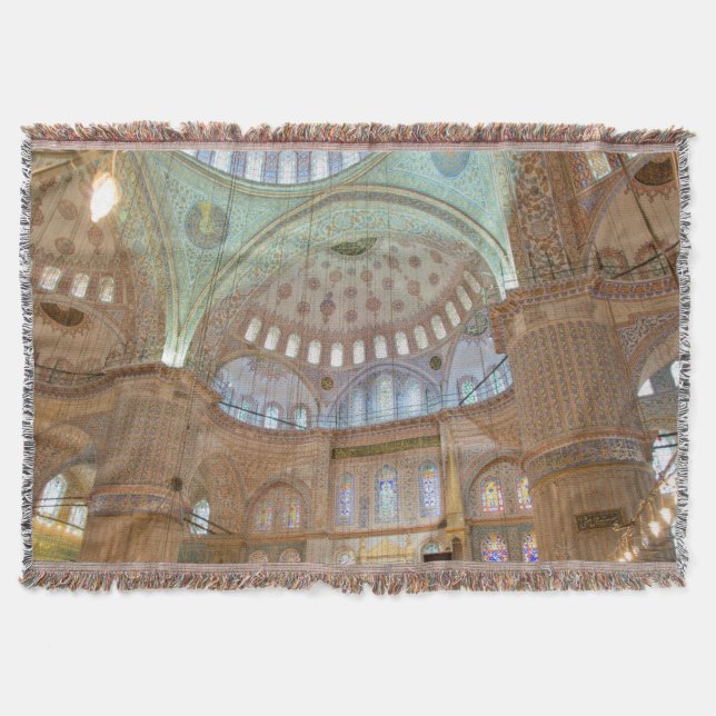 Colourful interior domed ceiling of Blue Mosque Throw Blanket (Front)