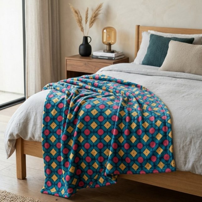 Colourful Interlocking Geometric Dot Square Design Fleece Blanket (Creator Uploaded)