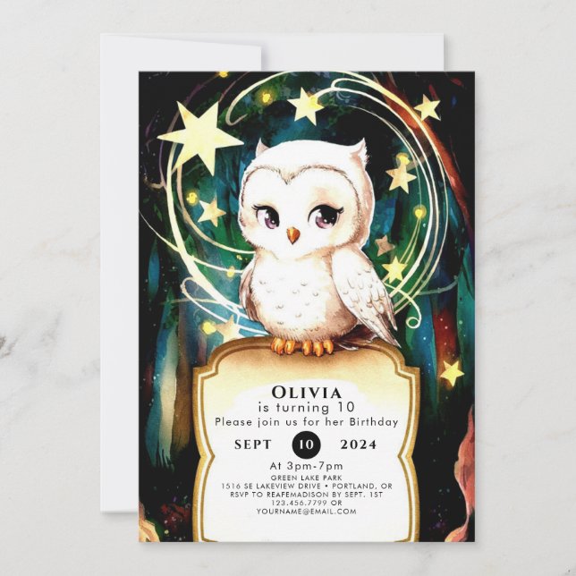 Colourful Into the Woods Owl Birthday Invitation (Front)