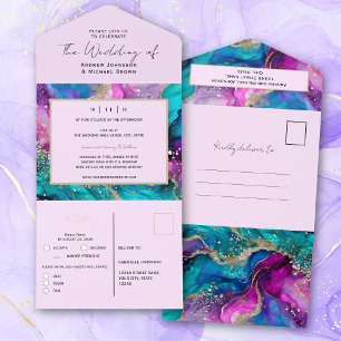 Colourful iridescent Abstract Art Fluid Wedding  All In One Invitation
