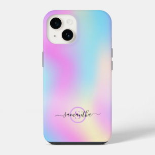 Colourful iridescent background, typography monogr iPhone 14 case