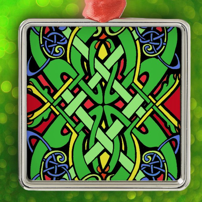 Colourful Irish Celtic Knot Metal Ornament (Irish Celtic ornate knot design in green, yellow blue, and red on hanging ornament.)