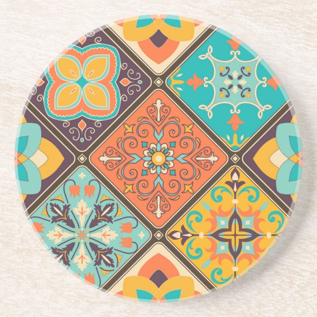 Colourful Islamic-inspired patchwork tile. Coaster (Front)
