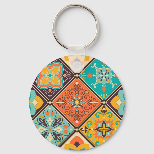 Colourful Islamic-inspired patchwork tile. Keychain (Front)
