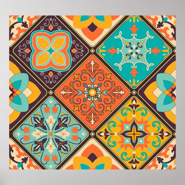 Colourful Islamic-inspired patchwork tile. Poster (Front)