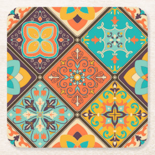 Colourful Islamic-inspired patchwork tile. Square Paper Coaster