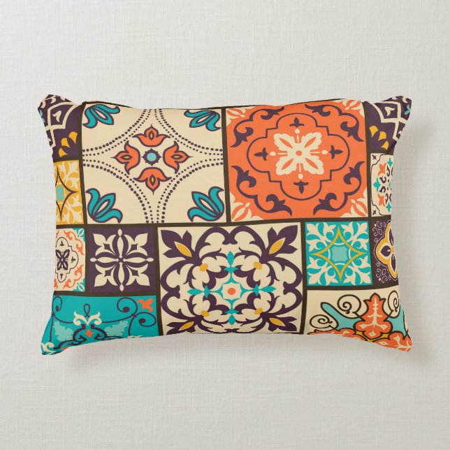 Colourful Islamic Patchwork: Vintage Tile. Accent Pillow (Front)