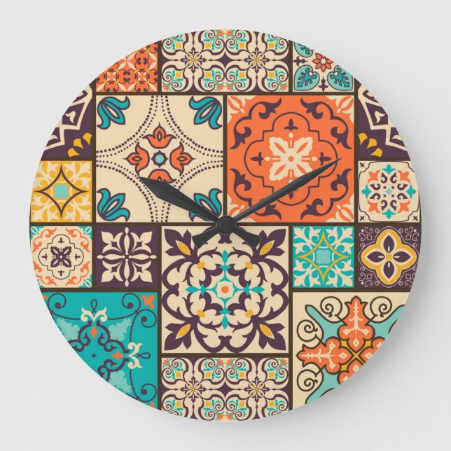 Colourful Islamic Patchwork: Vintage Tile. Large Clock (Front)