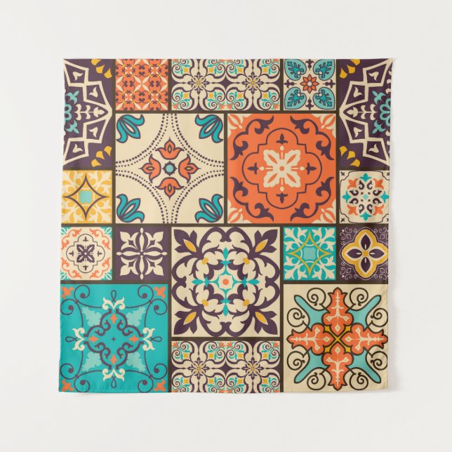 Colourful Islamic Patchwork: Vintage Tile. Tapestry (Front)