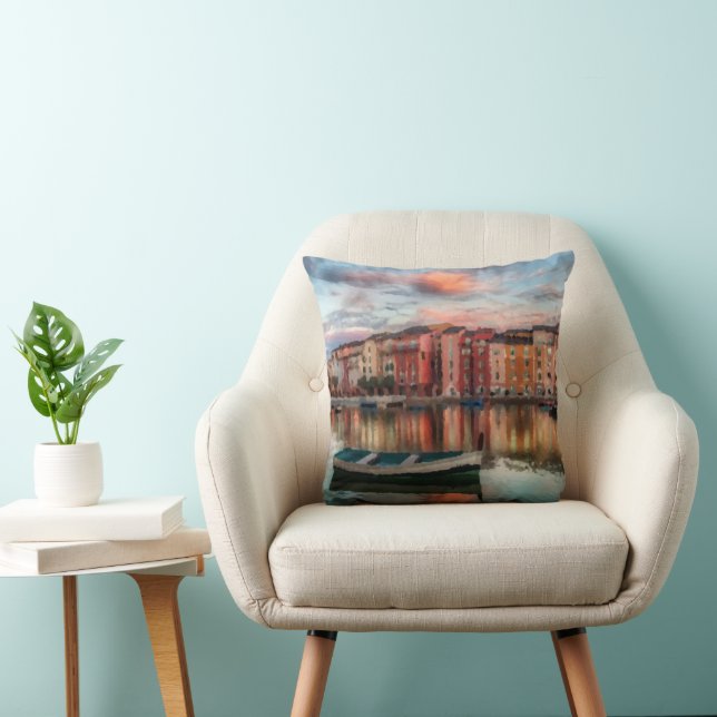 Colourful Italian Harbour Sunset Watercolor Throw Pillow (Chair)