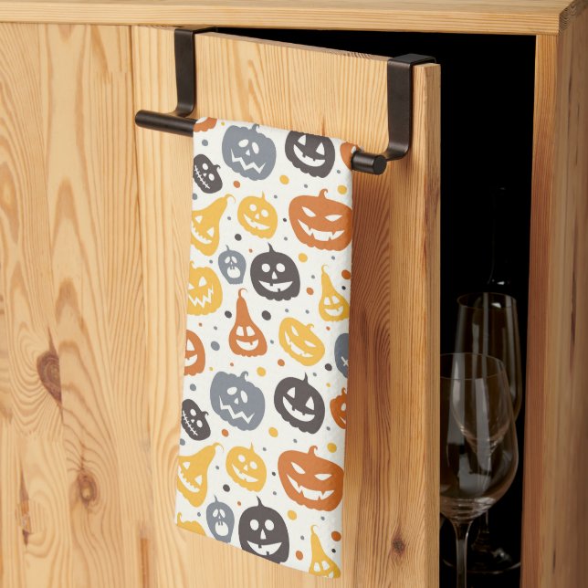 Colourful Jack-O'-Lantern Faces Pattern Kitchen Towel (Thirds Fold)