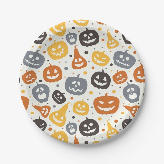 Colourful Jack-O'-Lantern Faces Pattern Paper Plate (Front)