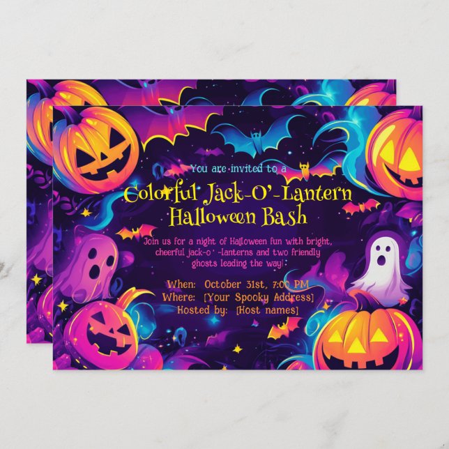 🎃Colourful Jack-O’-Lantern  Halloween Bash Invitation (Front/Back)