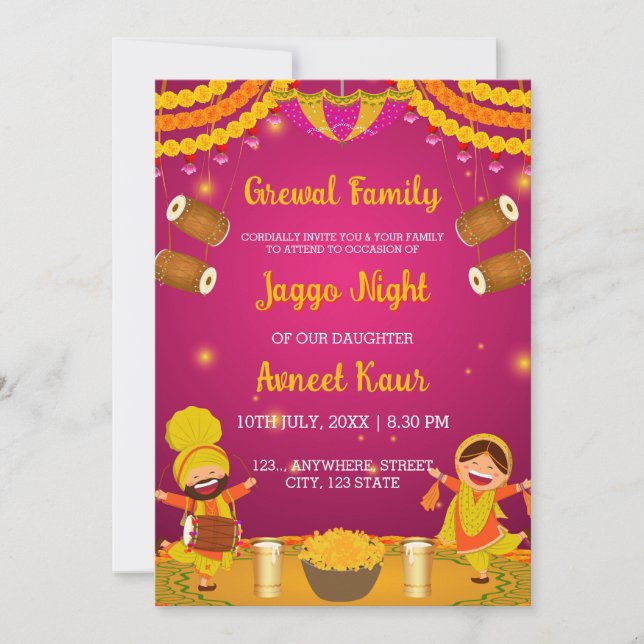 Colourful Jaggo night Invitation Card (Front)