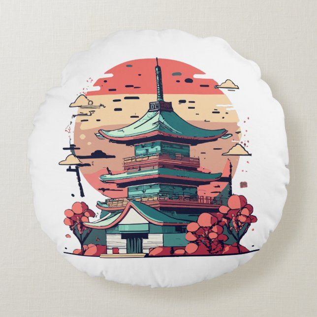 Colourful Japan Building Art Round Pillow (Front)