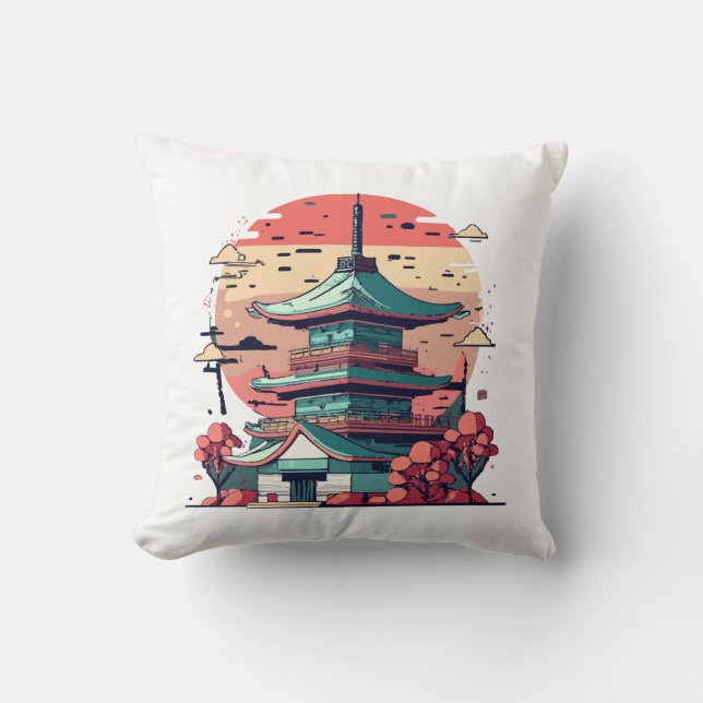 Colourful Japan Building Art Throw Pillow (Front)