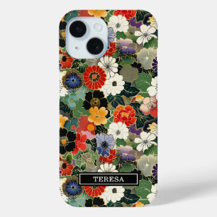 Colourful Japanese Floral Pattern Monogrammed iPhone 15 Case