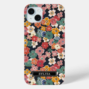 Colourful Japanese Floral Print Monogrammed iPhone 15 Mini Case