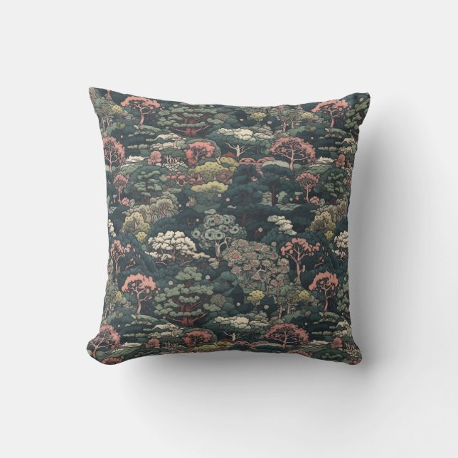 Colourful Japanese Forest Throw Pillow (Front)