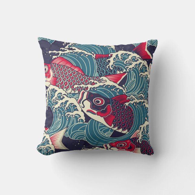 Colourful japanese Koi/carp fish in the wave seaml Throw Pillow (Front)