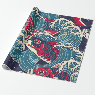Colourful japanese Koi/carp fish in the wave seaml Wrapping Paper