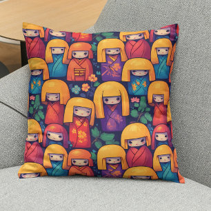 Colourful Japanese Kokeshi Dolls Pattern Throw Pillow