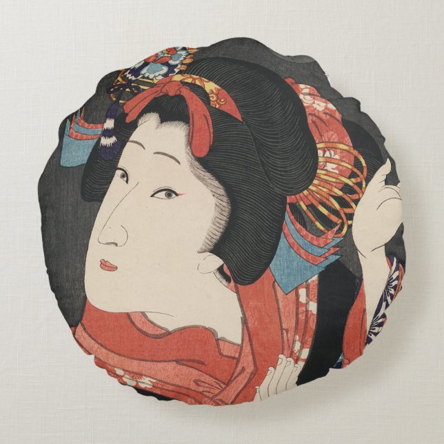 Colourful Japanese Woman Vintage Painting Round Pillow (Back)