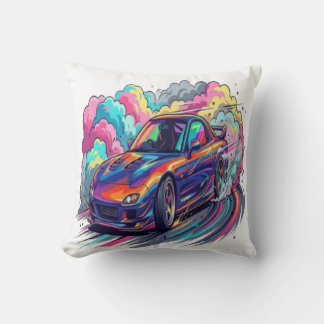 Colourful JDM Sports Car Drifting Neon Tire Smoke Throw Pillow