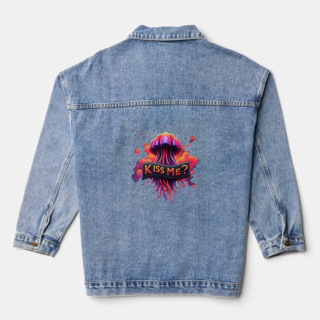 Colourful Jellyfish Illustration With Kiss Me Text Denim Jacket (Back)
