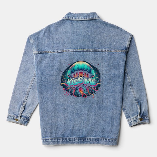 Colourful Jellyfish Illustration With Kiss Me Text Denim Jacket (Back)