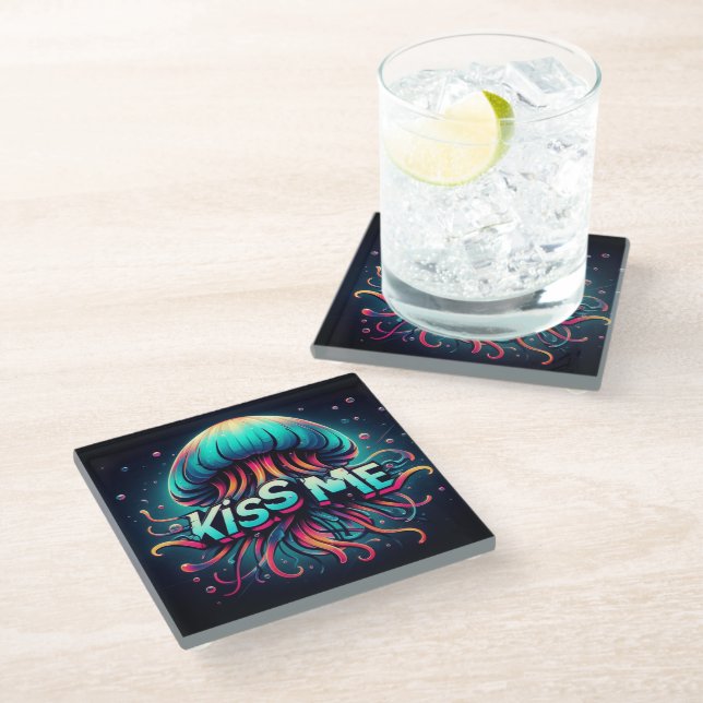 Colourful Jellyfish Illustration With Kiss Me Text Glass Coaster (Angled)