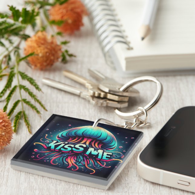 Colourful Jellyfish Illustration With Kiss Me Text Keychain (Front Right)