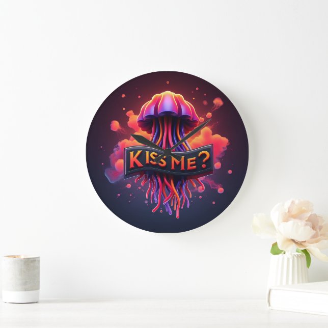 Colourful Jellyfish Illustration With Kiss Me Text Large Clock (Home)