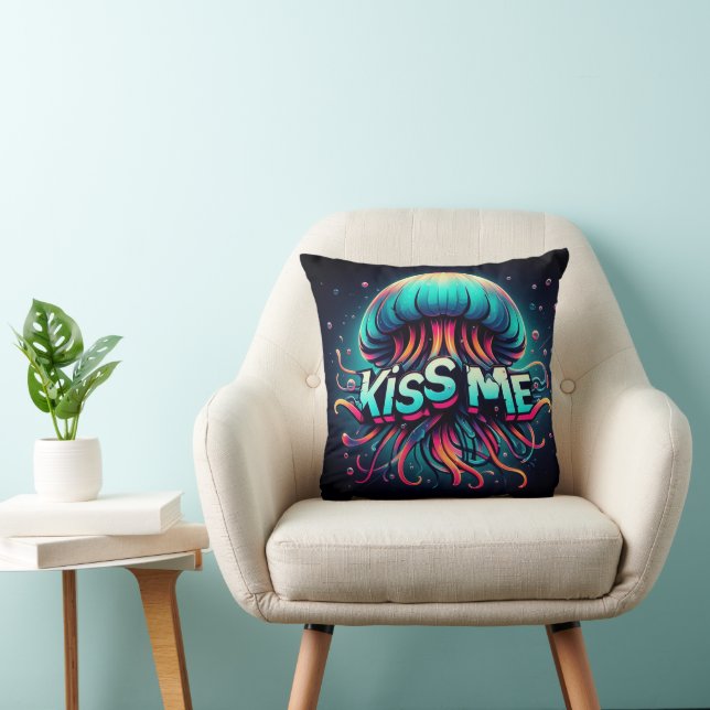 Colourful Jellyfish Illustration With Kiss Me Text Throw Pillow (Chair)