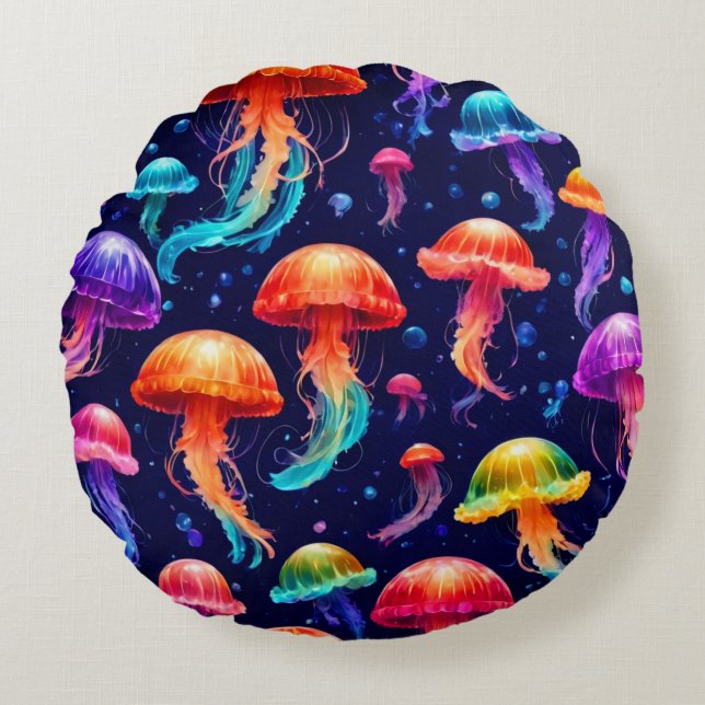 Colourful Jellyfish  Round Pillow (Front)