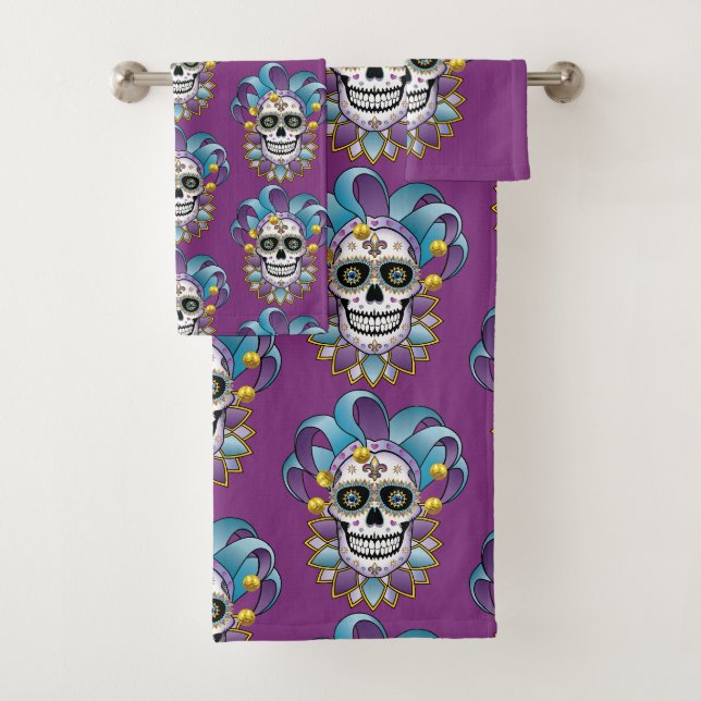 Colourful Jester Skull Bath Towel Set (Insitu)