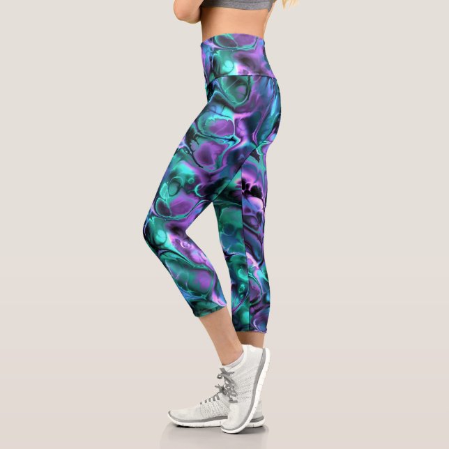 Colourful Jewel Tone Fractal Marble Abstract Art Capri Leggings (Left)