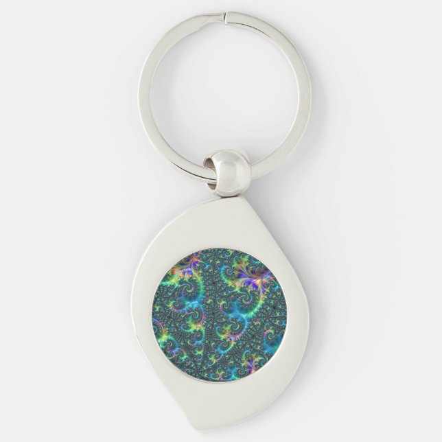 Colourful Jewel Tone Fractal Spiral Abstract Art Keychain (Front)