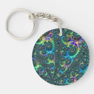 Colourful Jewel Tone Fractal Spiral Abstract Art Keychain