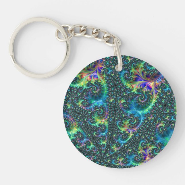 Colourful Jewel Tone Fractal Spiral Abstract Art Keychain (Front)