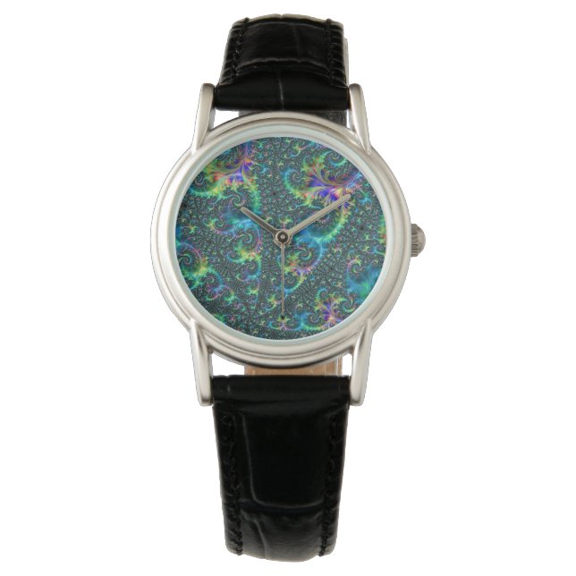 Colourful Jewel Tone Fractal Spiral Abstract Art Watch (Front)
