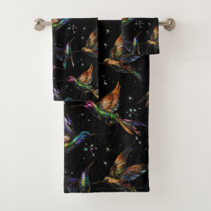 Colourful Jewelled Hummingbirds on Black Bath Towel Set