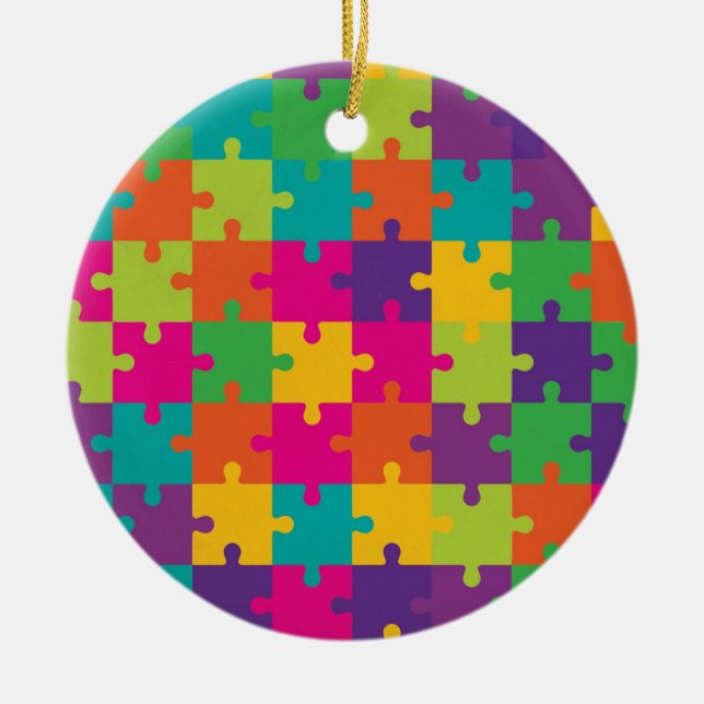 Colourful Jigsaw Puzzle Pattern Ceramic Ornament (Front)