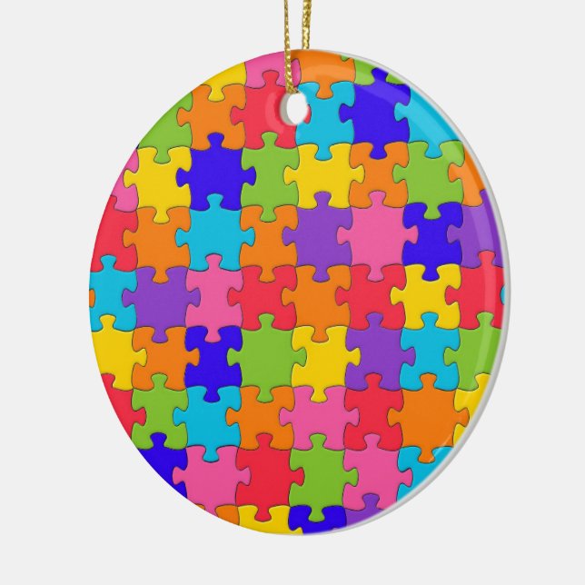 Colourful Jigsaw Puzzle Pieces Happy Puzzler Ceramic Ornament (Left)