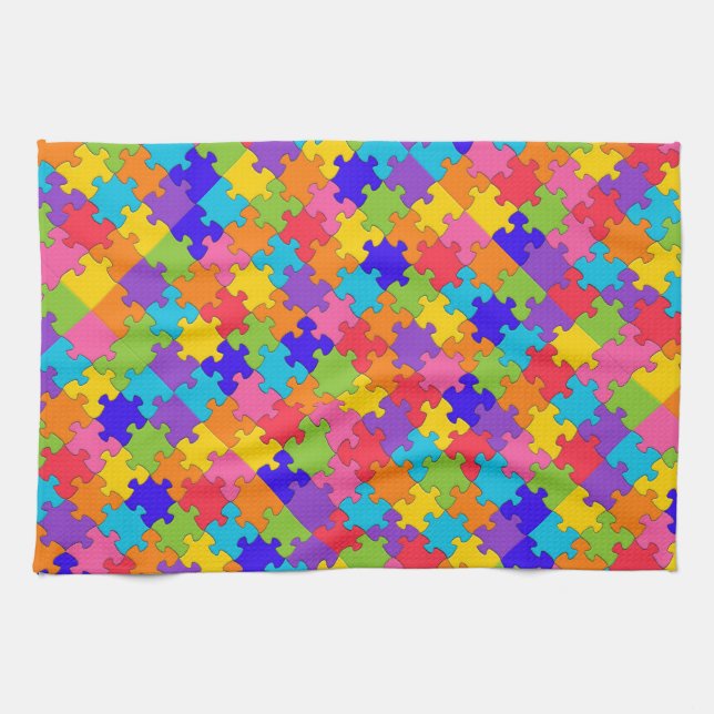 Colourful Jigsaw Puzzle Pieces Happy Puzzler Kitchen Towel (Horizontal)